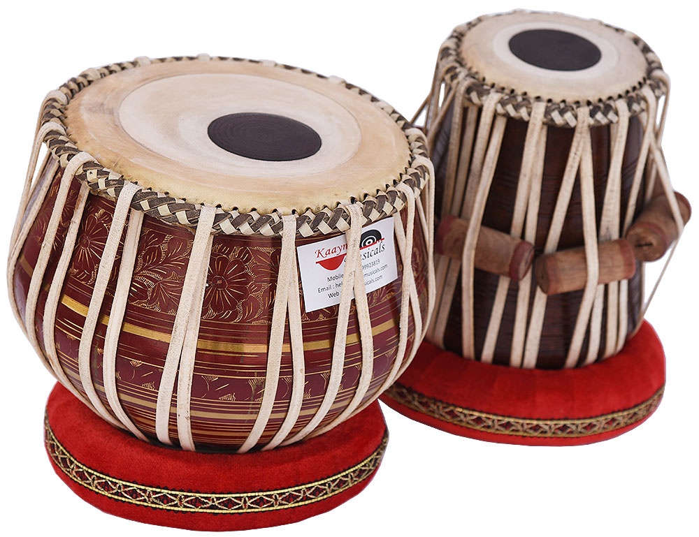 L1 Tabla Drum Set, 2.5 Kg Red Painted Designer Brass Bayan, Beautiful Look, Sheesham Wood Dayan, Hand Made Drum Skin, Camel Leather Strap to Tune, Comes with Tuning Hammer, Gig Bag, Cushion & Cover - Image 1