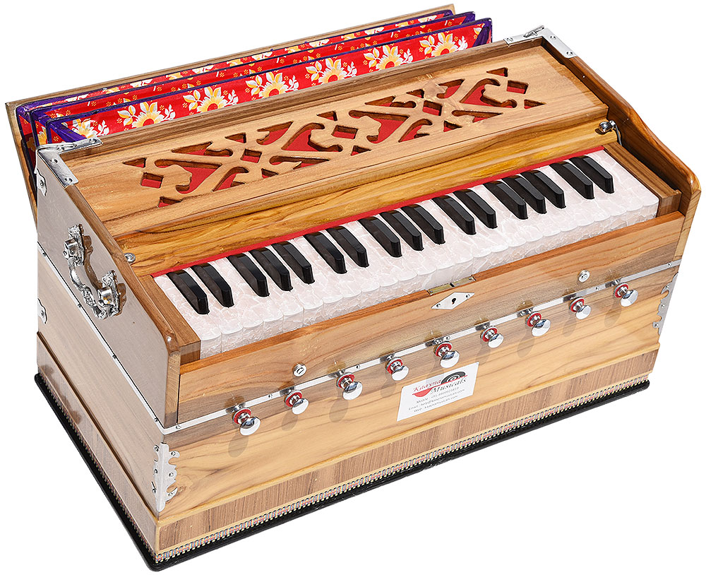 L4-3 Harmonium Teak Wood Extra Height By Kaayna Musicals- 9 Stops- 5 Main- 4 Drone, 3½ Octaves, Two Set Reed- Bass/Male – 440 Hz - Image 1